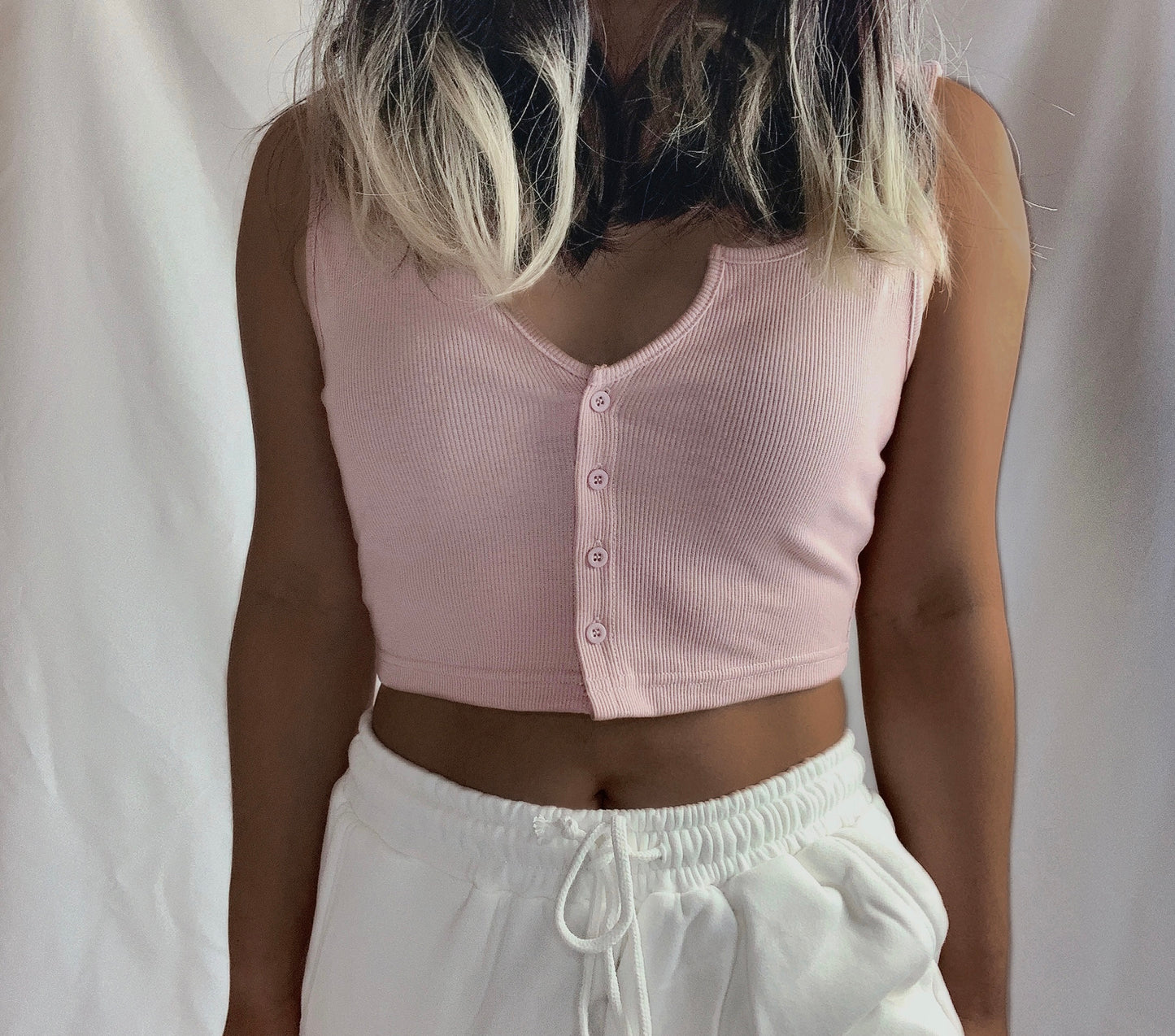 Serena Rib knit front close summer tank top - Baby Pink