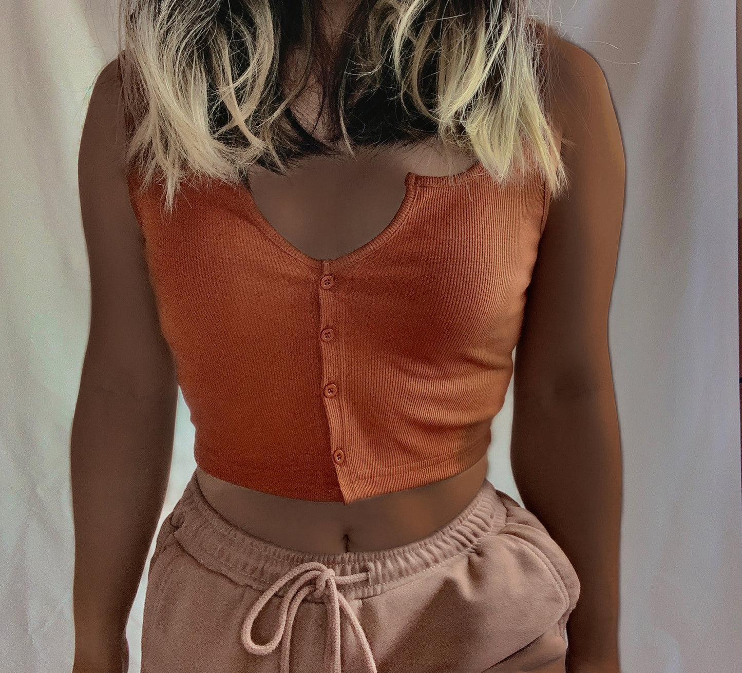 Serena Rib knit front close summer tank top - Orange Brown