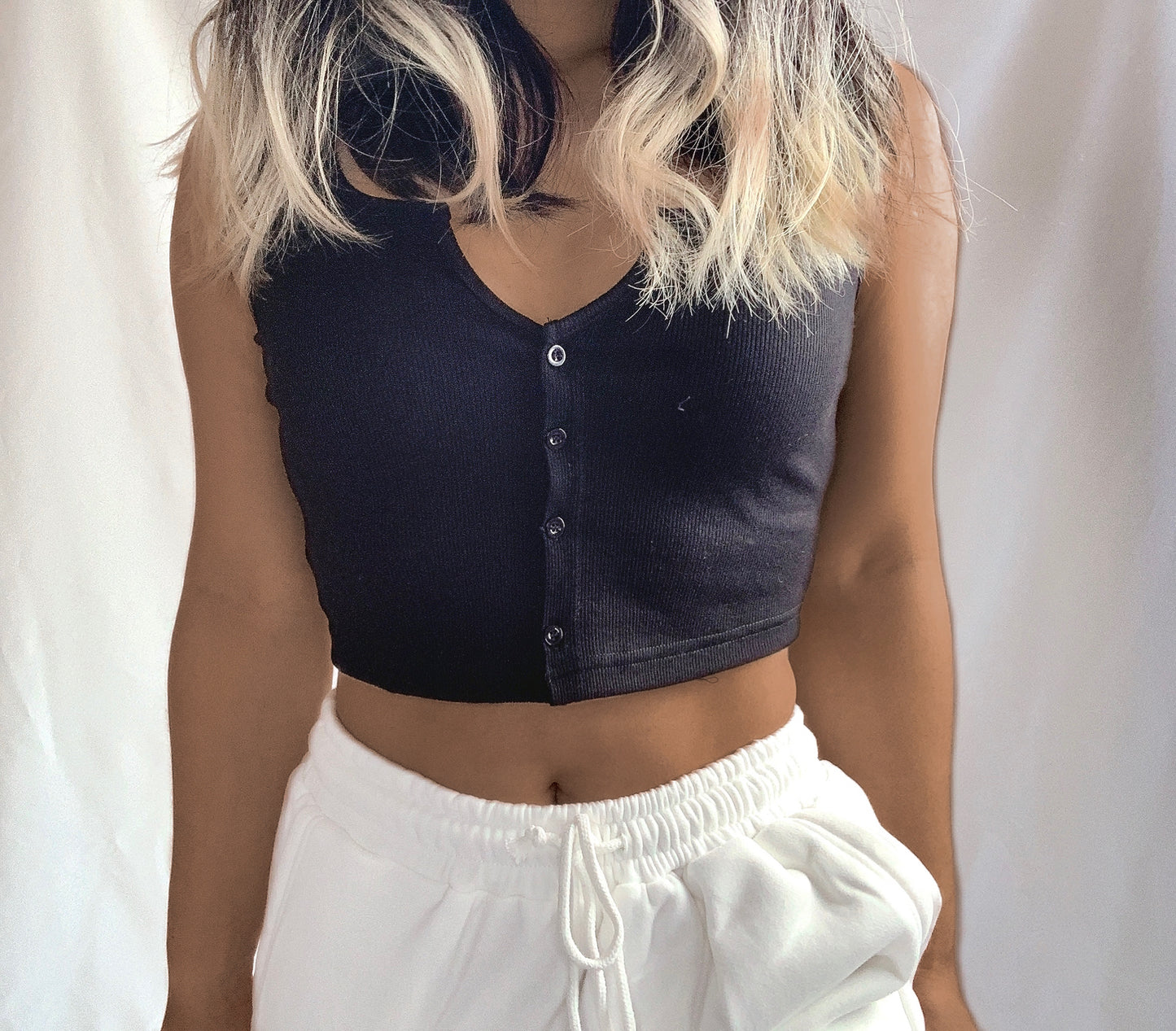 Serena Rib knit front close summer tank top - Rich Black