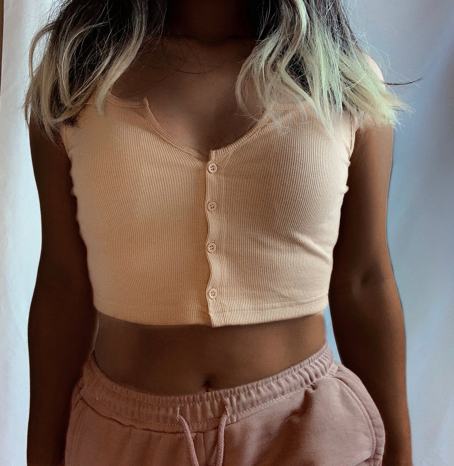 Serena Rib knit front close summer tank top - Khaki