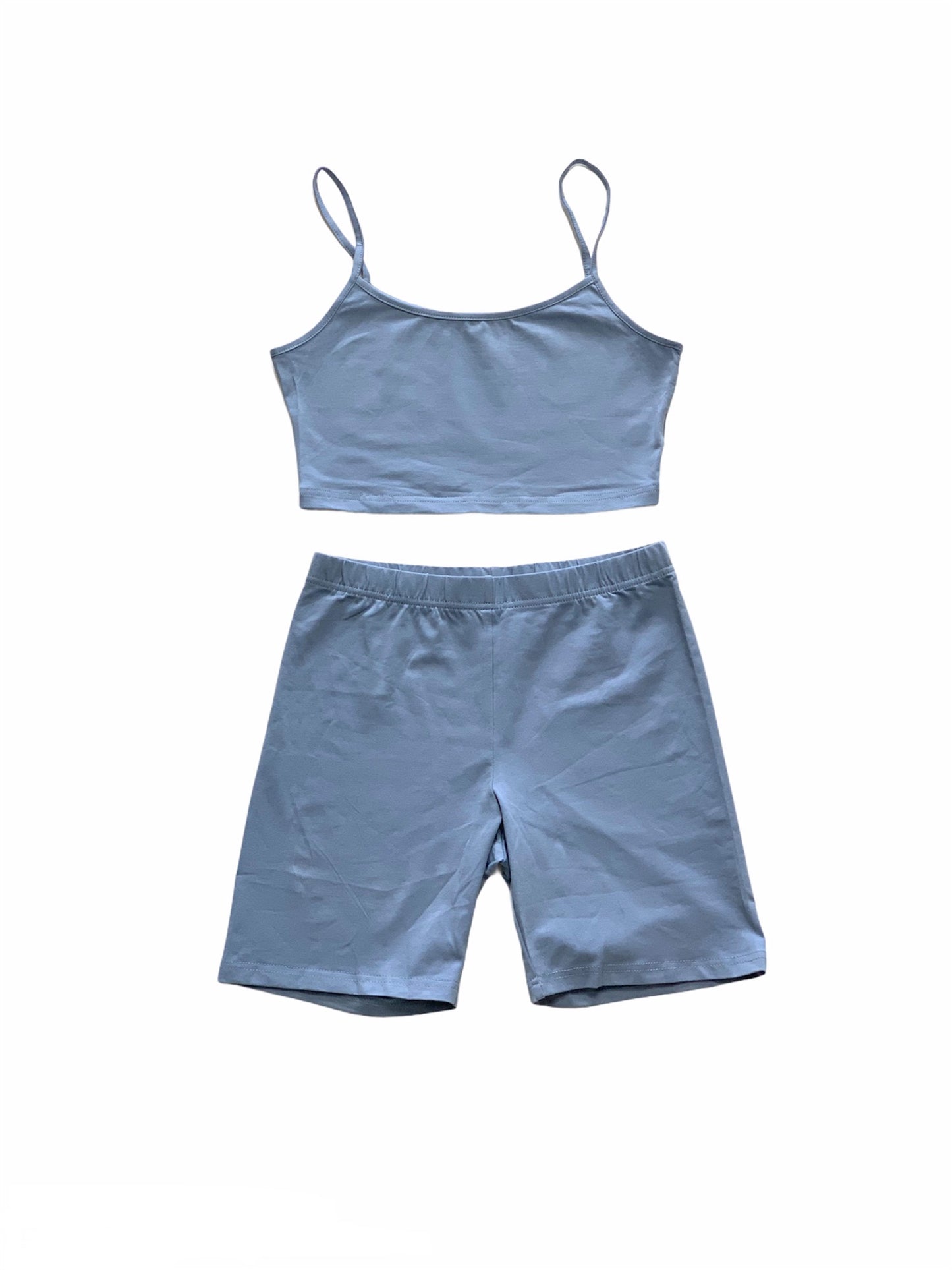 Kimberley Crop Top & Bike Shorts Matching Lounge Set - Tuesday Blue