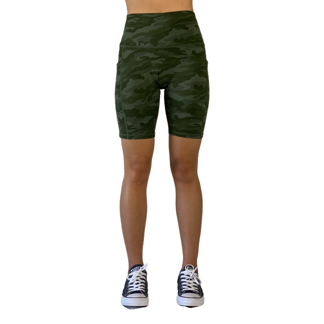Comfortable and stylish yoga biker compression shorts deliver a fashion statement for your daily casual wear. Biker shorts feature a high, slip-free, tummy-flattening waistband and chafe-free flatlock seaming, green camouflage color, designed for yoga, workout, lifting, cycling or hiking.