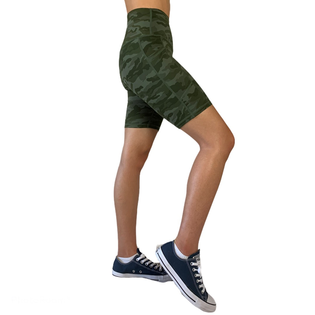 Comfortable and stylish yoga biker compression shorts deliver a fashion statement for your daily casual wear. Biker shorts feature a high, slip-free, tummy-flattening waistband and chafe-free flatlock seaming, green camouflage color, designed for yoga, workout, lifting, cycling or hiking.