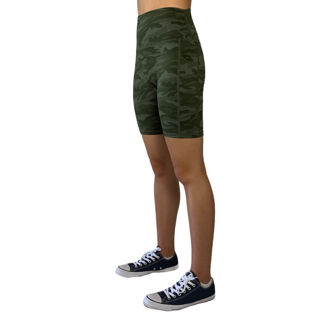 Comfortable and stylish yoga biker compression shorts deliver a fashion statement for your daily casual wear. Biker shorts feature a high, slip-free, tummy-flattening waistband and chafe-free flatlock seaming, green camouflage color