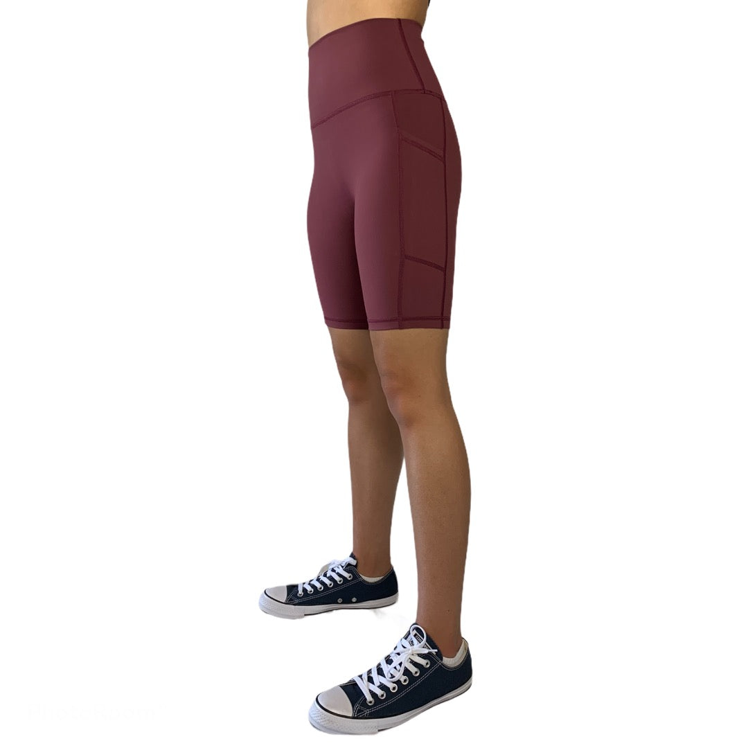 Using 4 way Stretch & Non See-through Fabric. Perfect for Running, exercise, fitness, any type of workout, or everyday use, wine red biker shorts, red biker shorts, dusty red pocket biker shorts.
