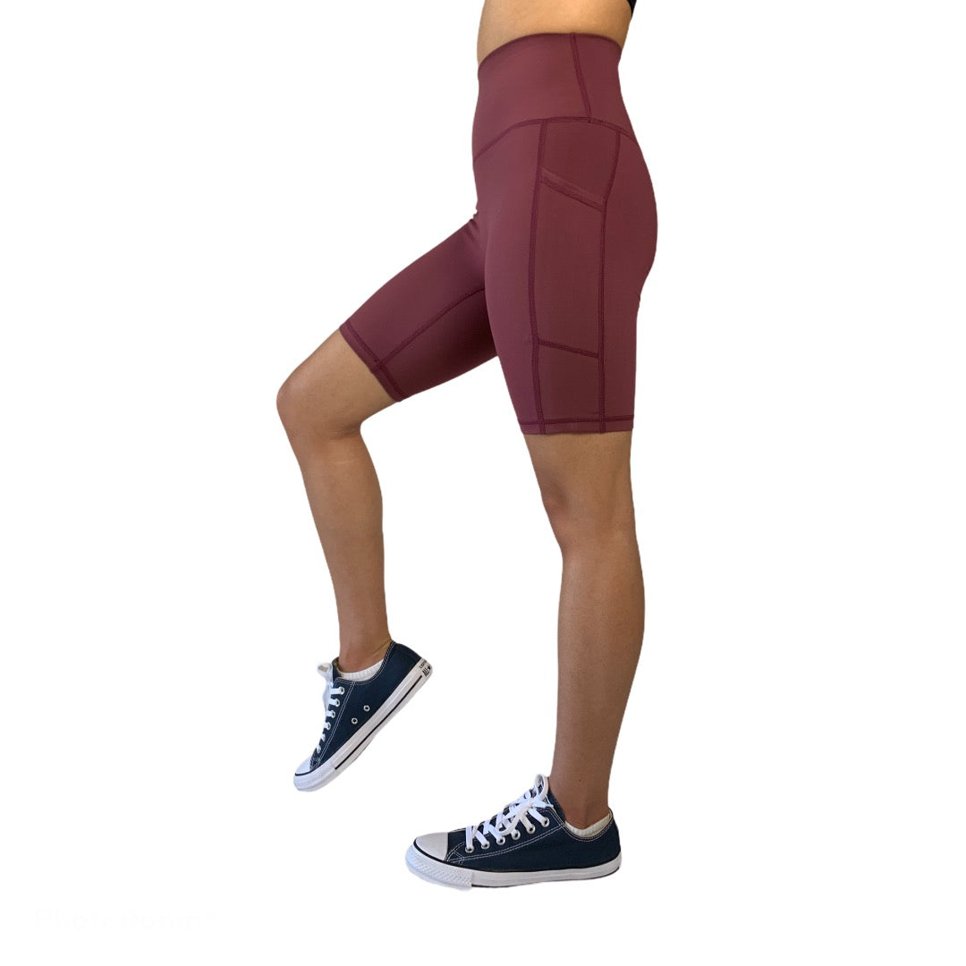 sing 4 way Stretch & Non See-through Fabric. Perfect for Running, exercise, fitness, any type of workout, or everyday use, wine red biker shorts, red biker shorts, dusty red pocket biker shorts.